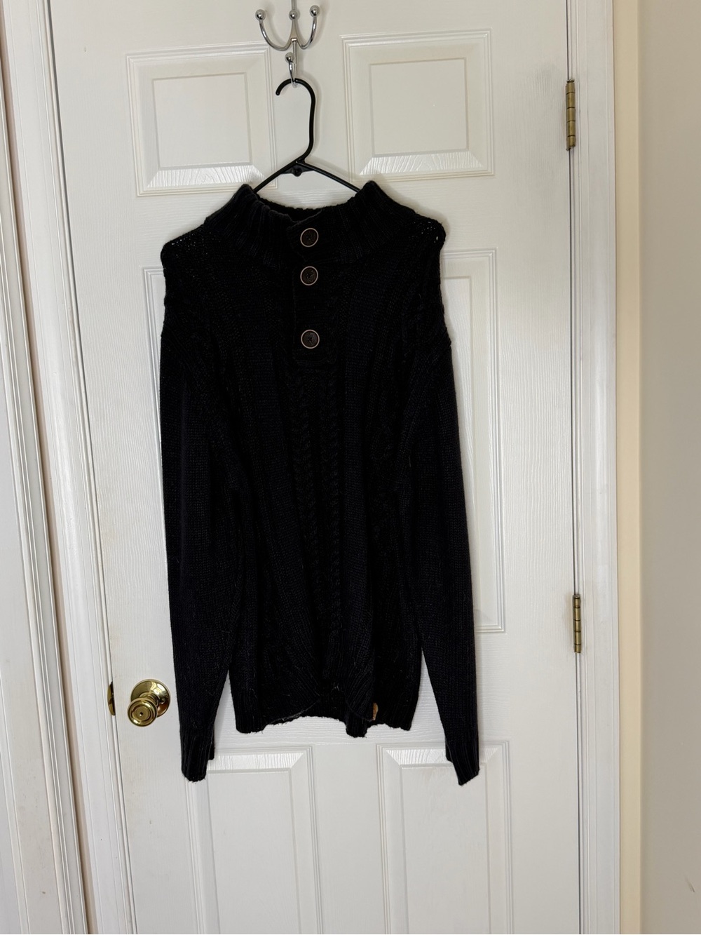 Weatherproof Black Cable-Knit Turtleneck Sweater with Button Placket